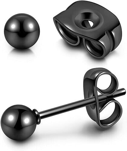 6Pairs 316L Surgical Steel Black Ball Round 3/4/5/6/7/8mm Men Women Stud Earring